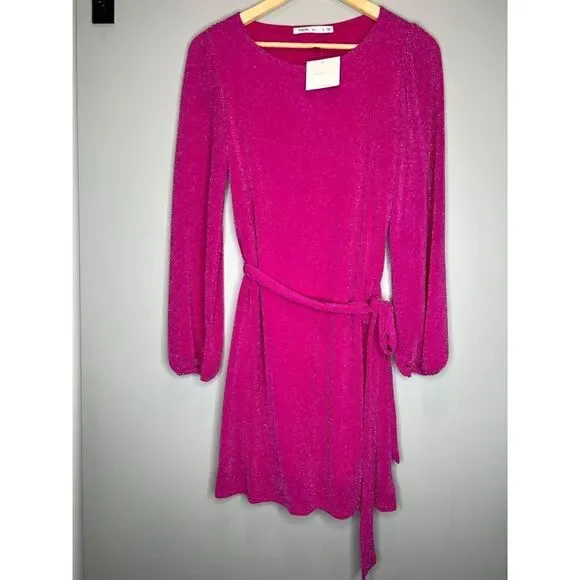 Fraiche By J Sparkle Pink GLITTER Mini Party Dress Belt holiday size Small tie - Picture 2 of 6